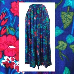 Vintage 80s 90s Segue Bright Blue Red Floral Pleated Rayon Midi Skirt 6 S